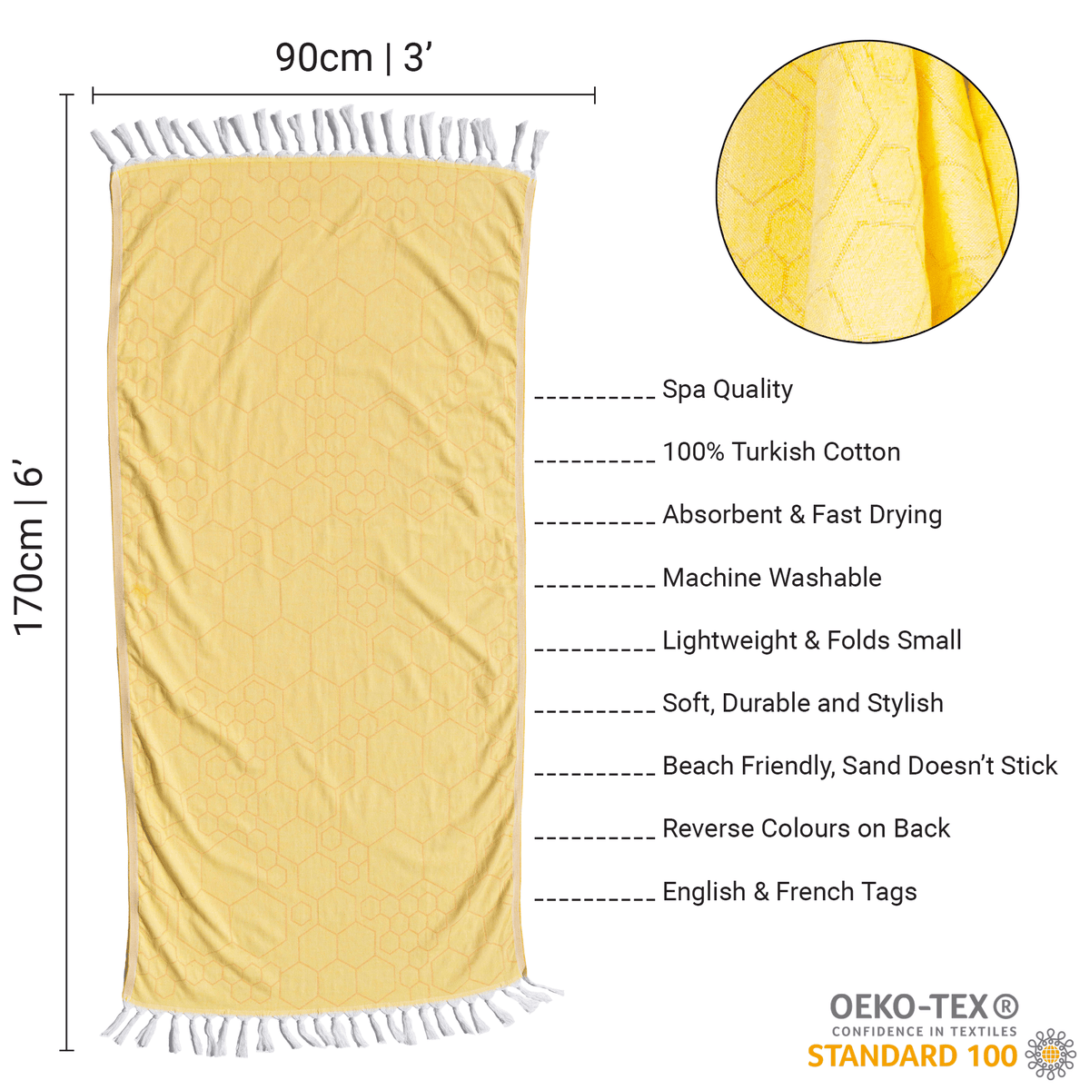 Serviette de bain turque luxueuse pour le quotidien – Jaune et orange, motif nid d’abeille