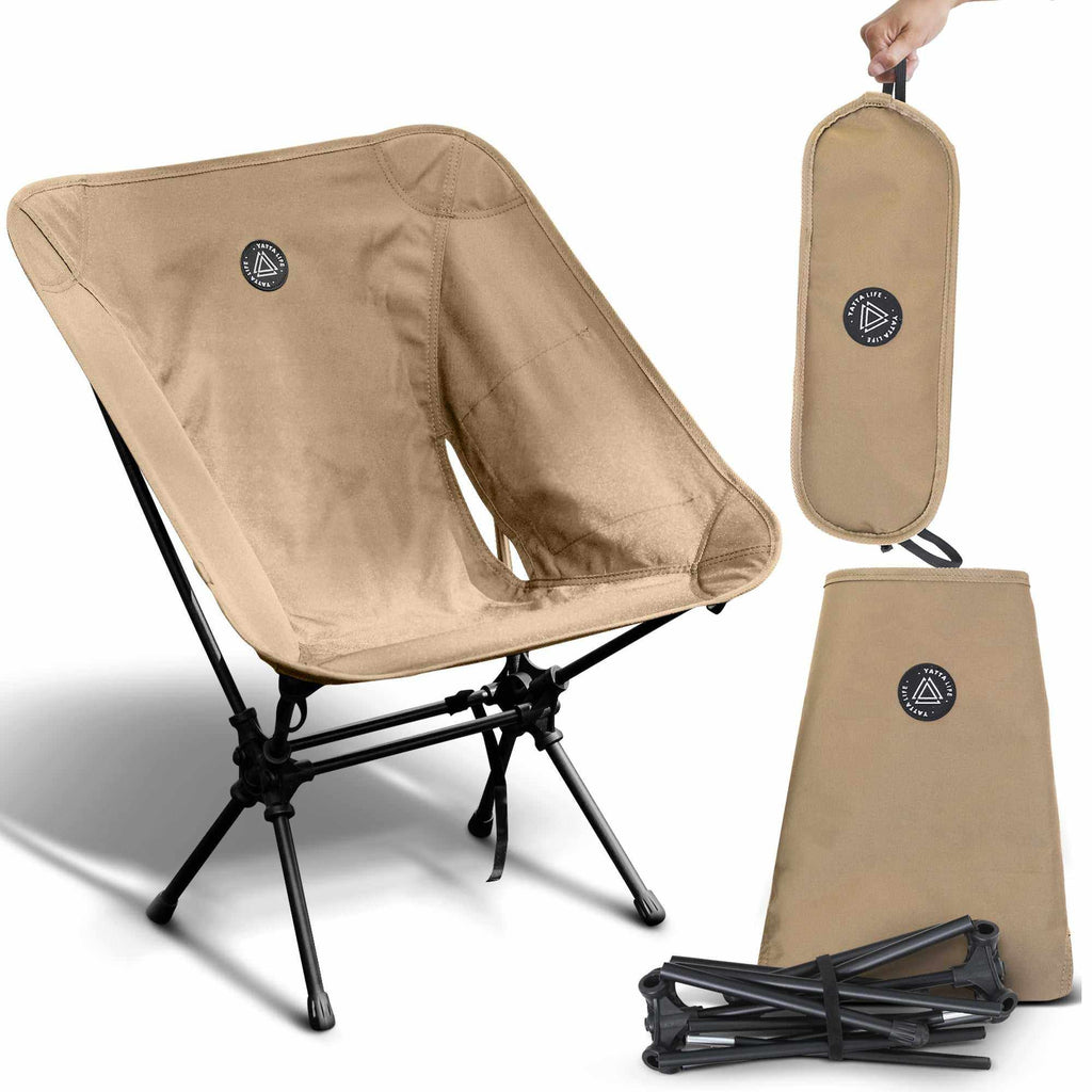 Chaises de camping pliantes ultralégères avec dossier bas et pochette de rangement – Kaki