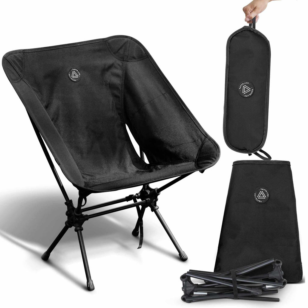 Chaise de camping pliante ultralégère avec dossier bas et pochette de rangement – Noir