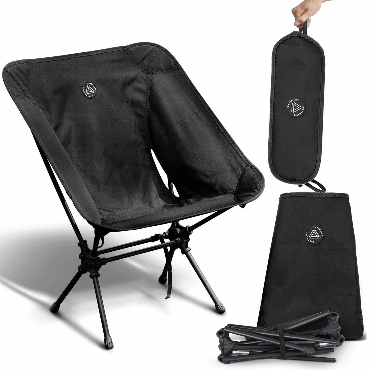 Chaise de camping pliante ultralégère avec dossier bas et pochette de rangement – Noir